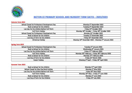 School Term Dates 2022 – 2023 – Bicton Primary School & Nursery